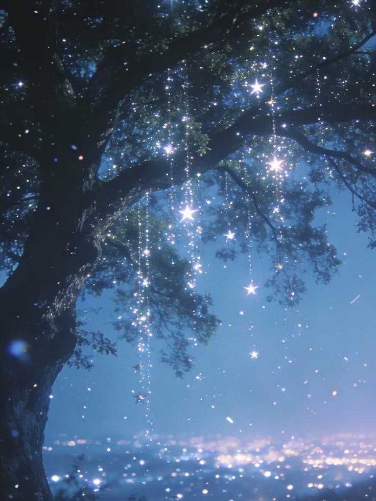 夜色树影下悬挂的星光